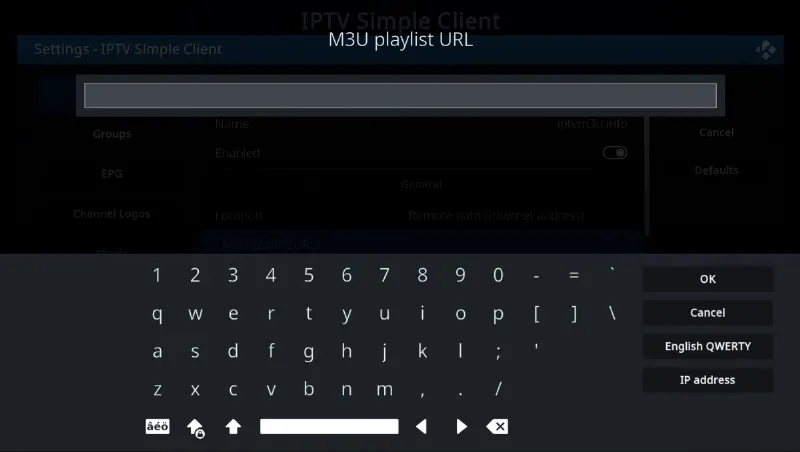 Kodi PVR IPTV Simple Client configuration with the M3U Play List URL field filled in