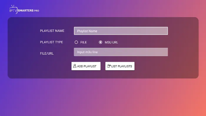 IPTV Smarters Pro Add Playlist screen with the M3U URL option selected